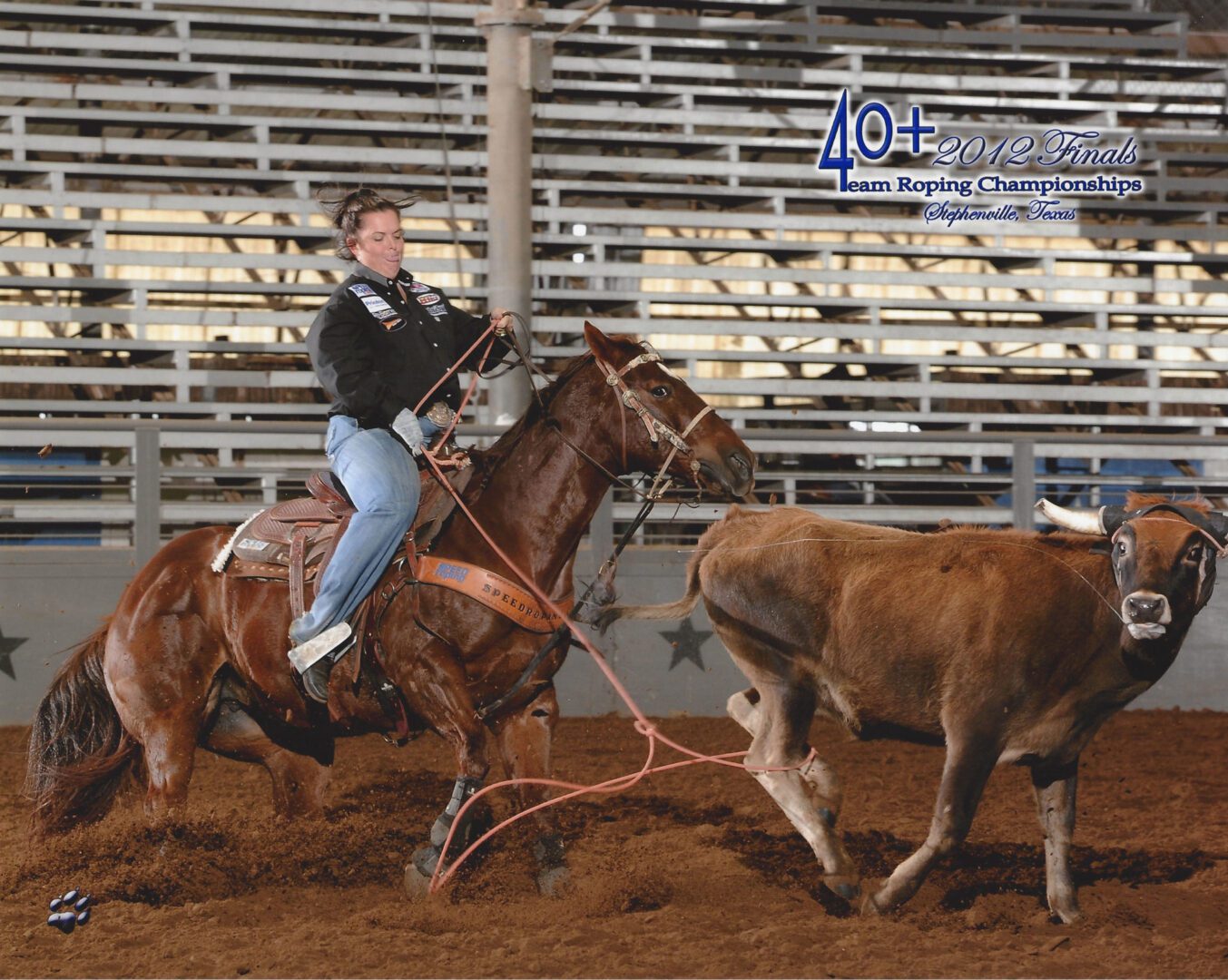 Rodeo News Roper Review, Jennifer Williams heeling at the 40+ 2012 Finals, Stephenville, TX